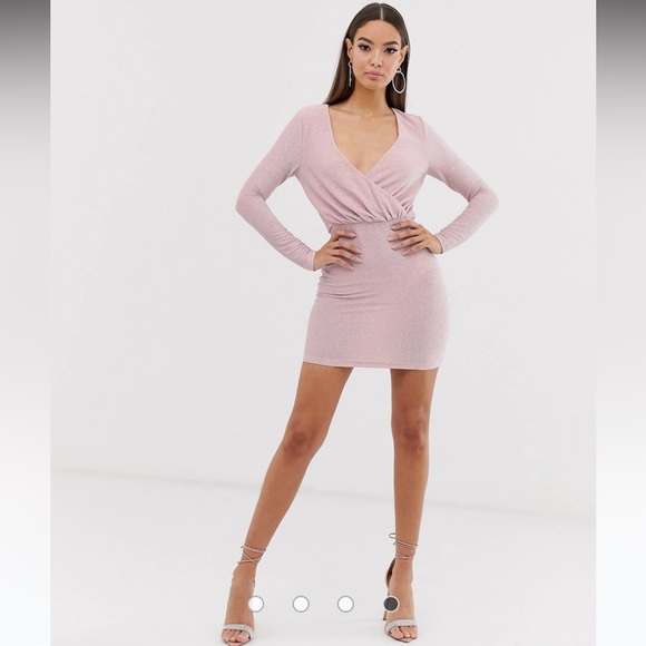 ASOS x The Girlcode Long Sleeve Drape Pink Glitter Mini Dress Clubwear NWT - Picture 4 of 9